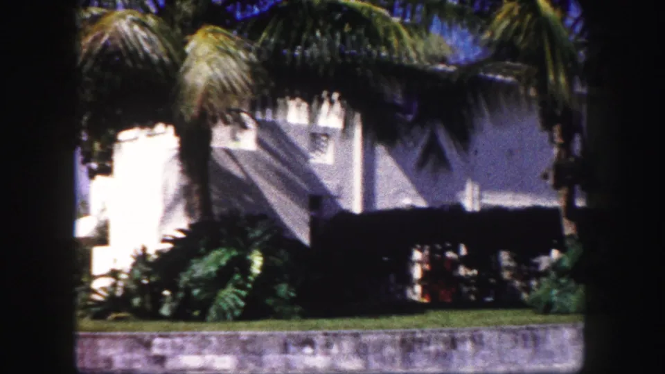 1960 Tampa frame focused on a white residential exterior, palm trees, dense greenery, and a sunlit lawn beside a low wall.