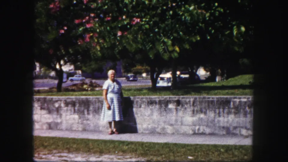 1960 Tampa frame of an adult woman posing on a sidewalk near a low stone wall, with shaded trees and mid-century cars in the background.