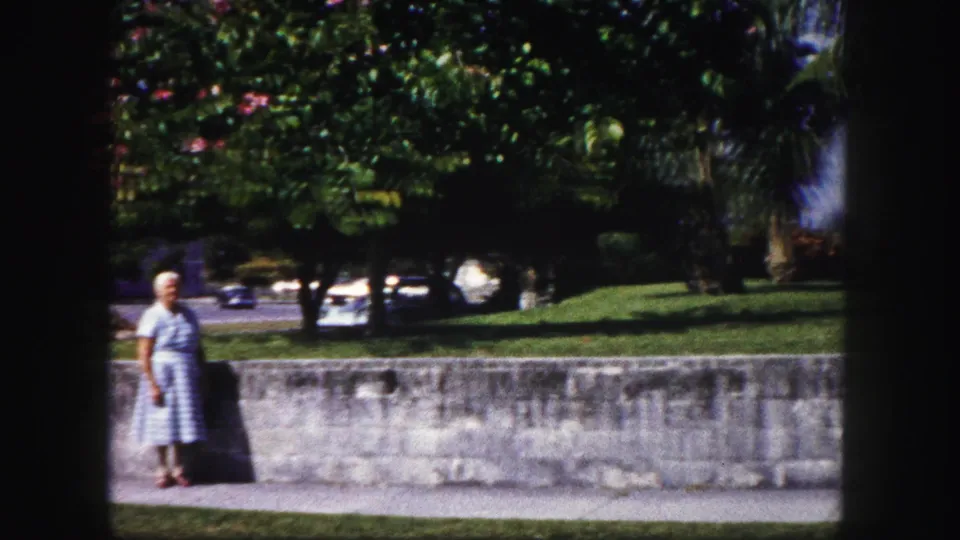 In 1960 Tampa home-movie footage, a woman stands by a sidewalk and stone wall with palms, lawn, trees, and parked cars behind her.