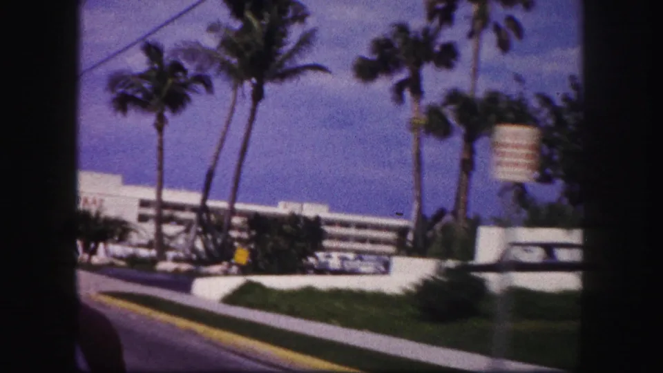 1960 Tampa avenue view with palms, a white hotel or resort building, landscaped lawn, sidewalk, curb, and roadside sign.