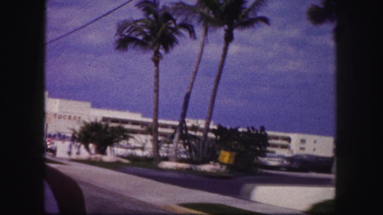 1960 Tampa drive-by view showing the white Aristocrat building, palm trees, sidewalk, and parked cars under a blue sky.