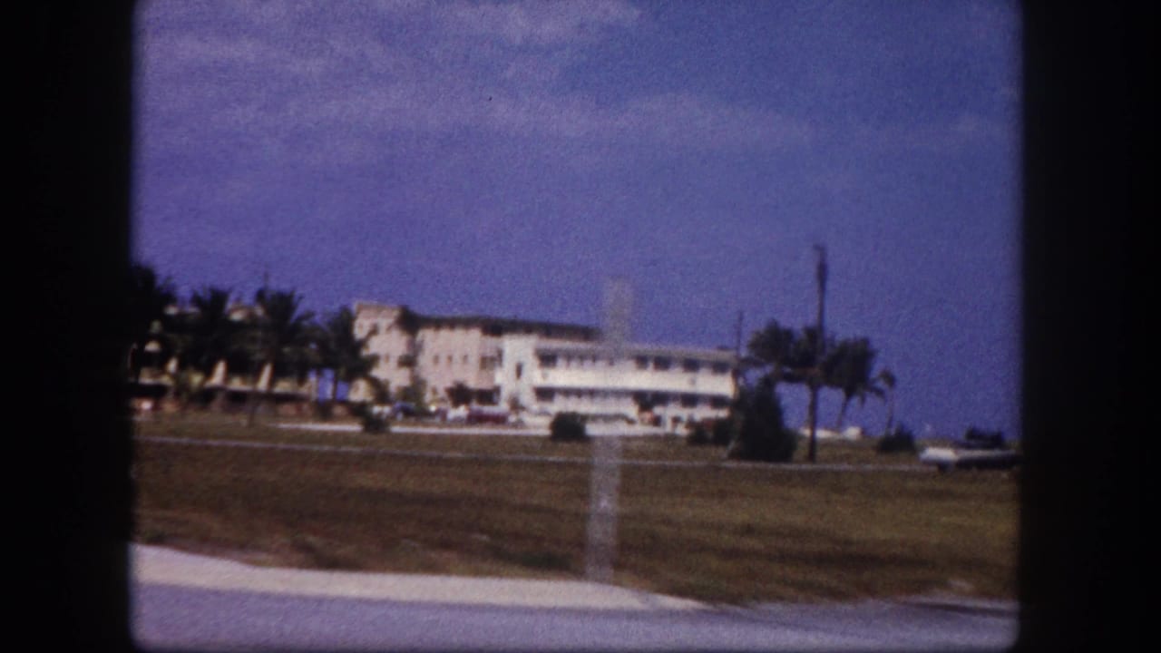 1960 Tampa view of a white building complex beyond an open grass strip, palms, roadside paving, and parked cars.