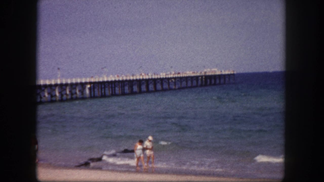 Couple standing or walking at the water's edge while waves break beside a long pier.