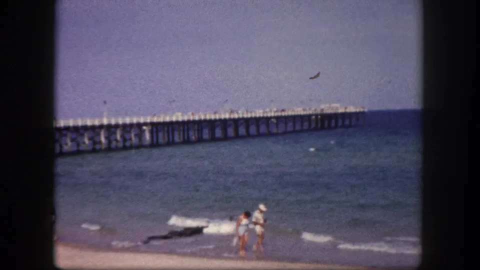 1960 Tampa beach frame showing a couple near the surf, a bird overhead, and the long pier across the water.