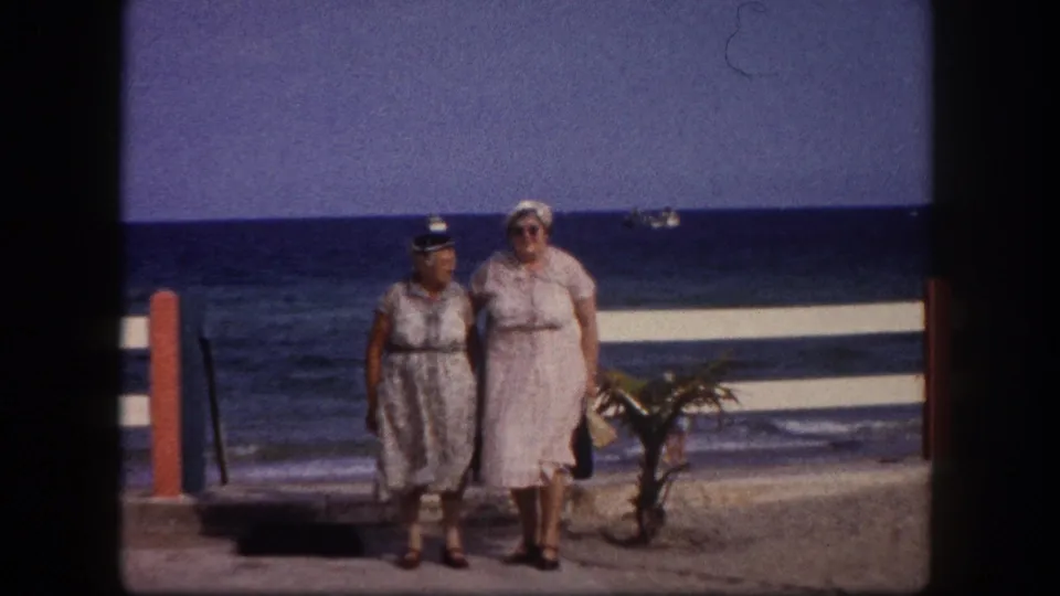 Two women in mid-century floral dresses and white sun hats stroll a beachfront promenade, red bollards and a small palm visible, Tampa, Florida, circa 1960.
