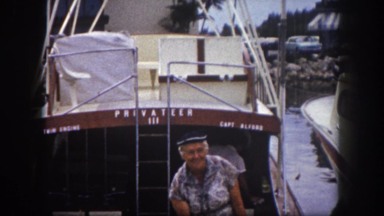 Same woman on stern of Privateer III with Capt Alford and Twin Engine text visible; vintage car in upper background.