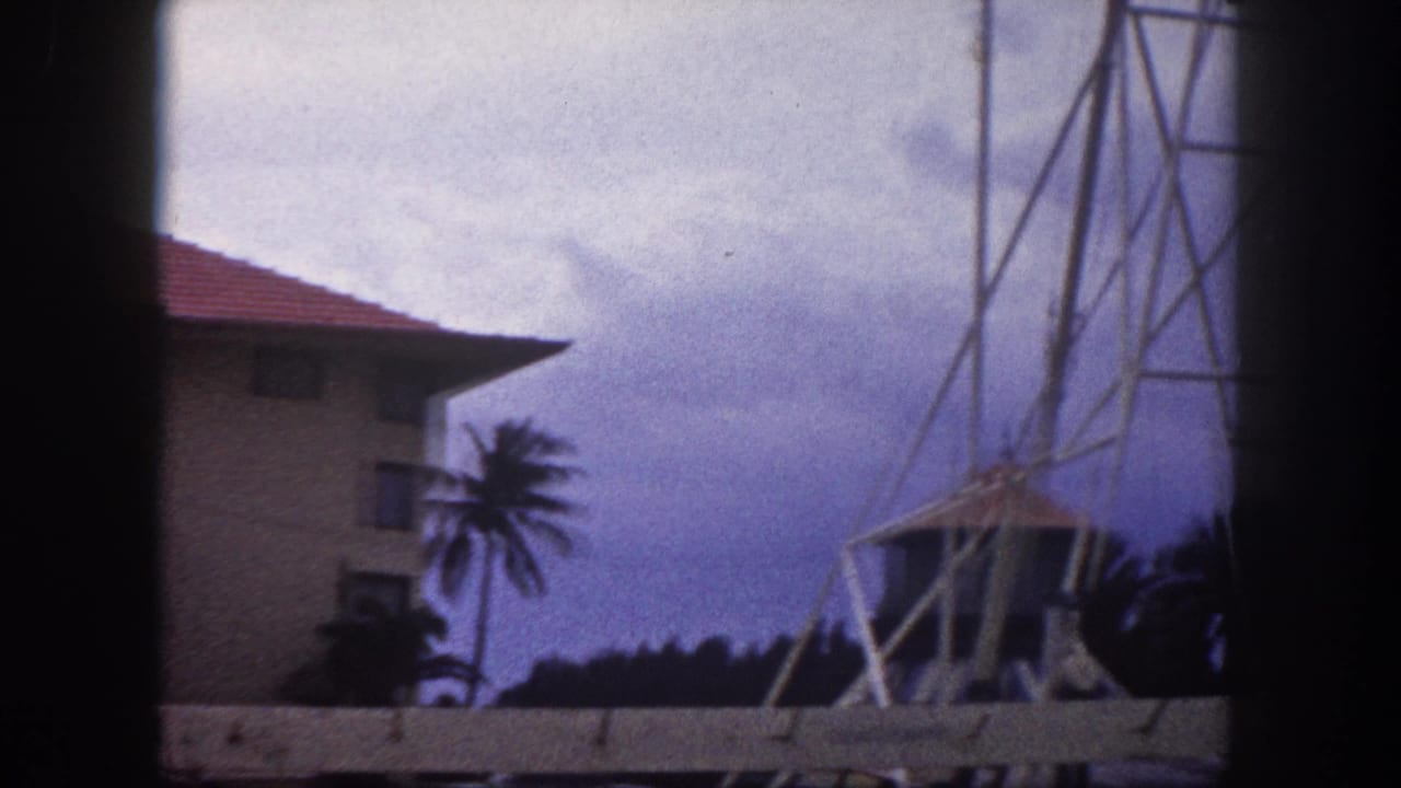 8mm home movie frame, Tampa, Florida, circa 1960: metal lattice tower with palm trees and a red-tiled building against a blue-toned overcast sky.