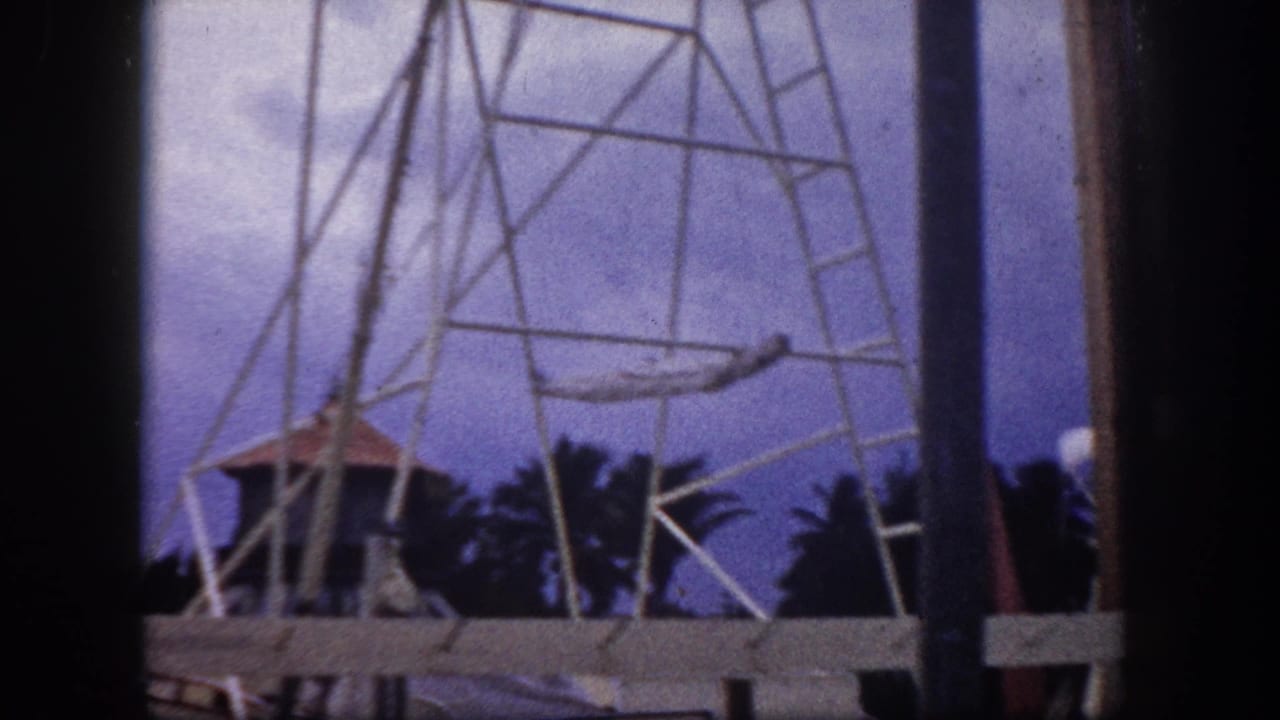 Lattice metal tower and palm trees under a blue-purple overcast sky, similar framing to preceding frame.