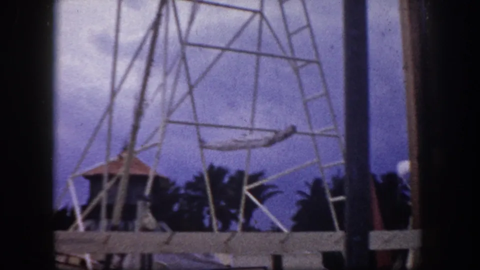 8mm home movie, Tampa, Florida, circa 1960: large lattice tower with tropical palms under a color-shifted cloudy sky.