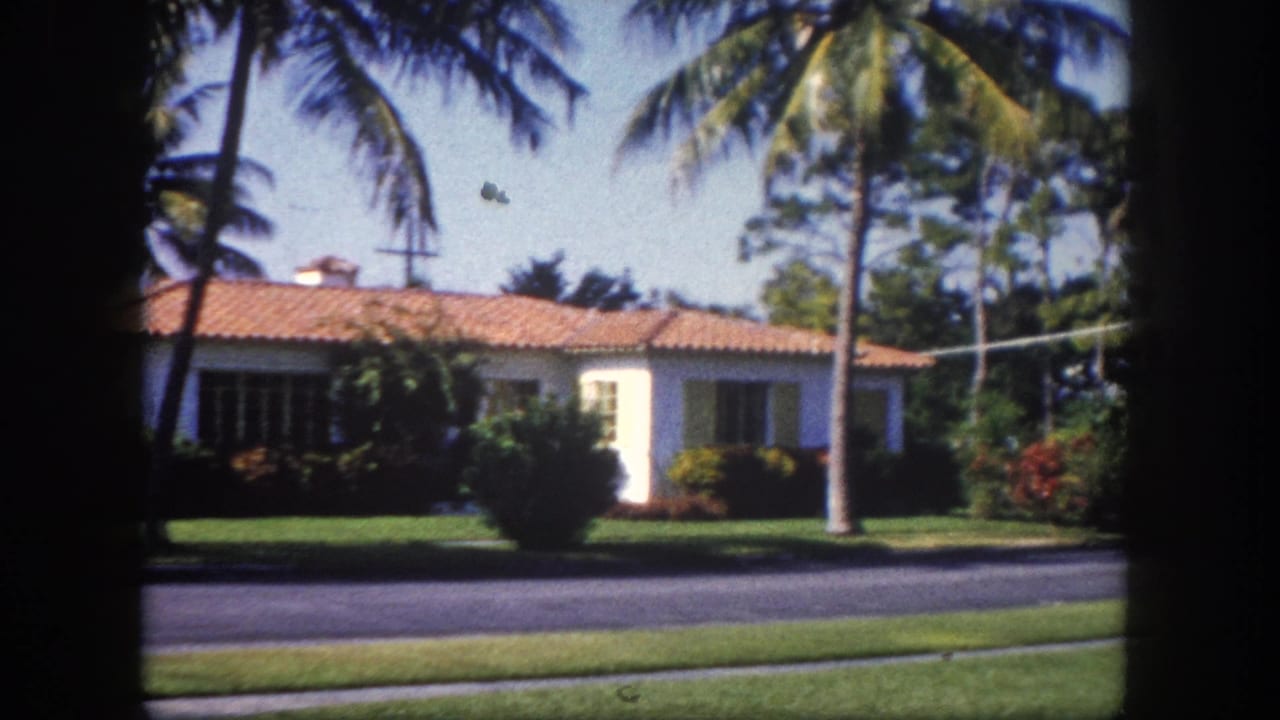 Continued pan of white stucco house with terracotta tile roof, palm trees, and flowering shrubs on a residential street in Tampa, Florida, circa 1960.