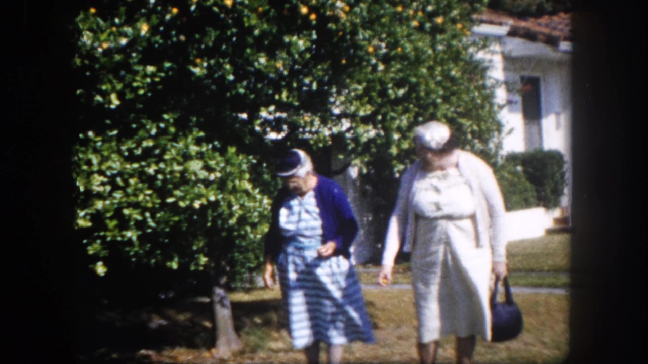 Two elderly women walking together in a garden beside a large citrus tree; the second woman carries a dark handbag.