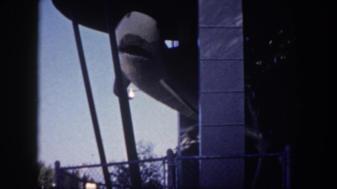 Head-on view of a grey shark amusement ride figure with open mouth at the 1960 Tampa State Fair, framed by diagonal support arms and a concrete-block pillar.