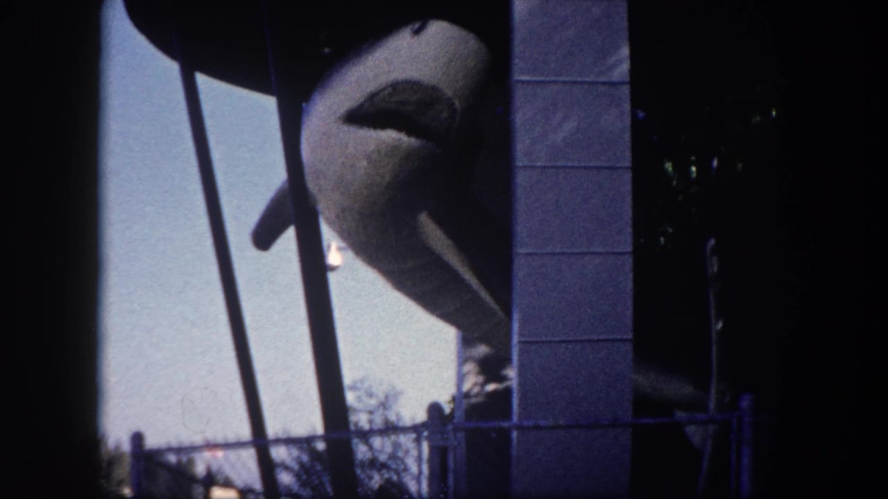 Grey shark amusement ride figure at the 1960 Tampa State Fair, mouth open, swung toward the camera on diagonal support arms beside a concrete-block pillar.