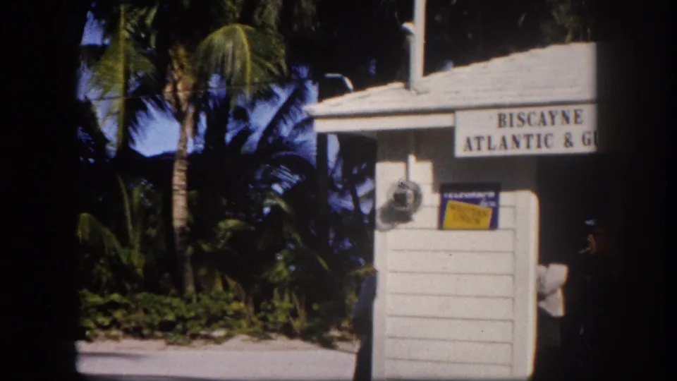 Biscayne Bay Atlantic & Gulf Railroad station booth in tropical surroundings, Tampa area Florida, circa 1960, 8mm color.