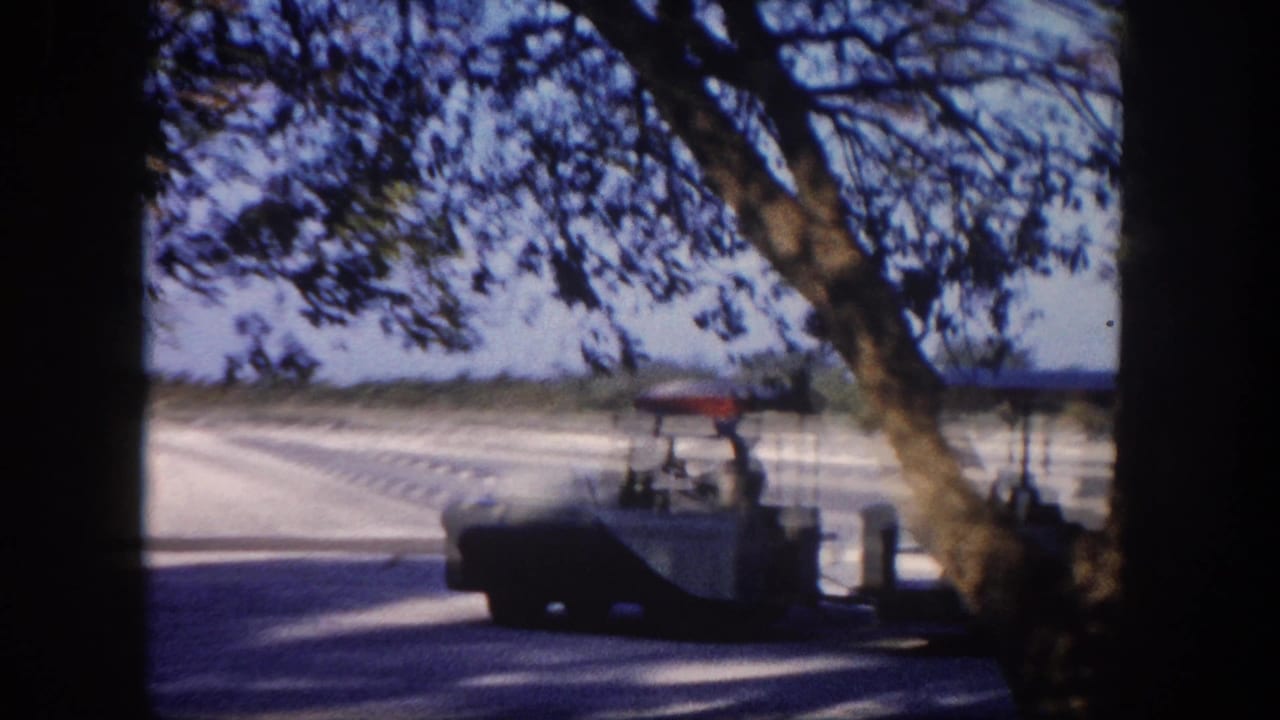 Small open tram or vehicle on a road viewed from behind, with a large shade tree and blue sky
