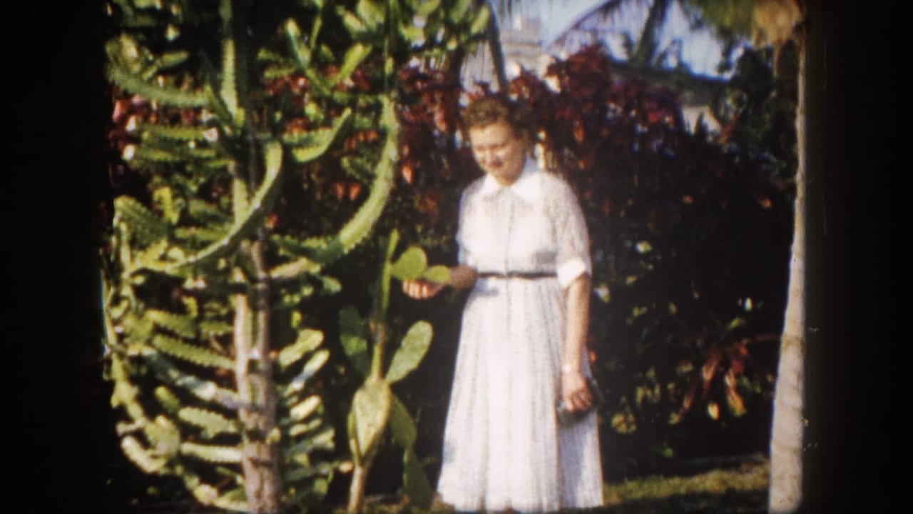 Woman in a white belted dress standing next to a tall columnar cactus among tropical garden plants.