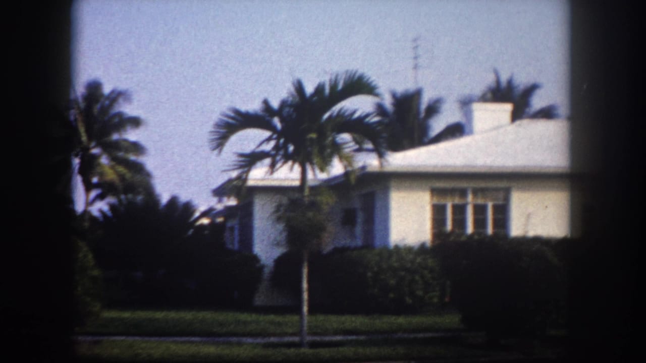 Pan opening frame: 1960s cream stucco house with royal palms and rooftop TV antenna, Tampa Florida, 8mm home movie with oval vignette.