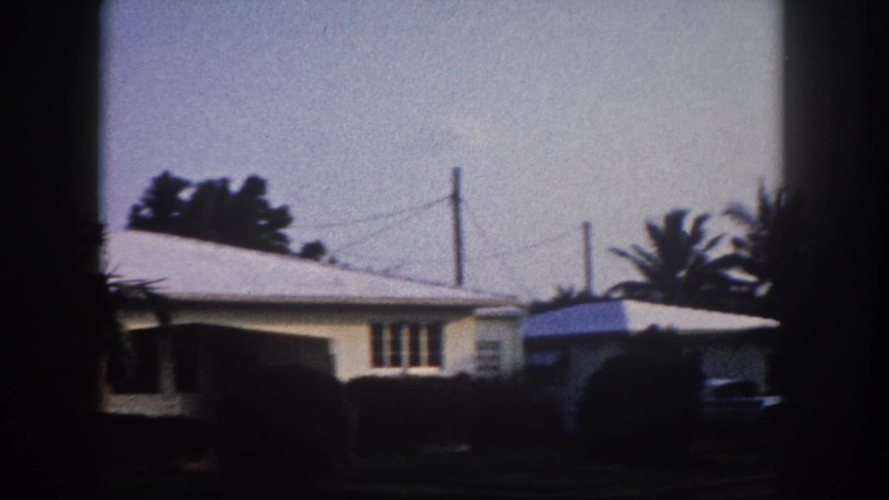 1960 Tampa home-movie frame showing low suburban houses, overhead wires, palm foliage, and heavy dark frame edges.