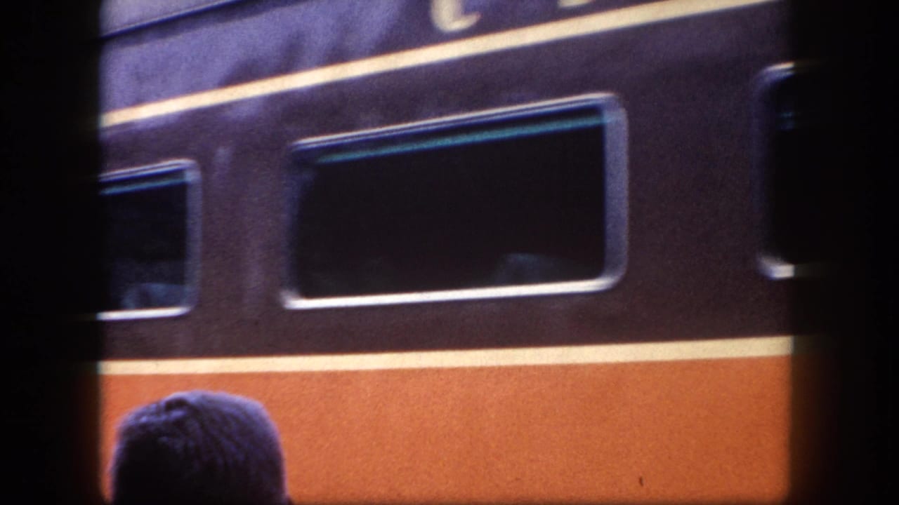 Back of a person's head in the foreground with the dark navy and orange side of a passenger railcar filling the frame.