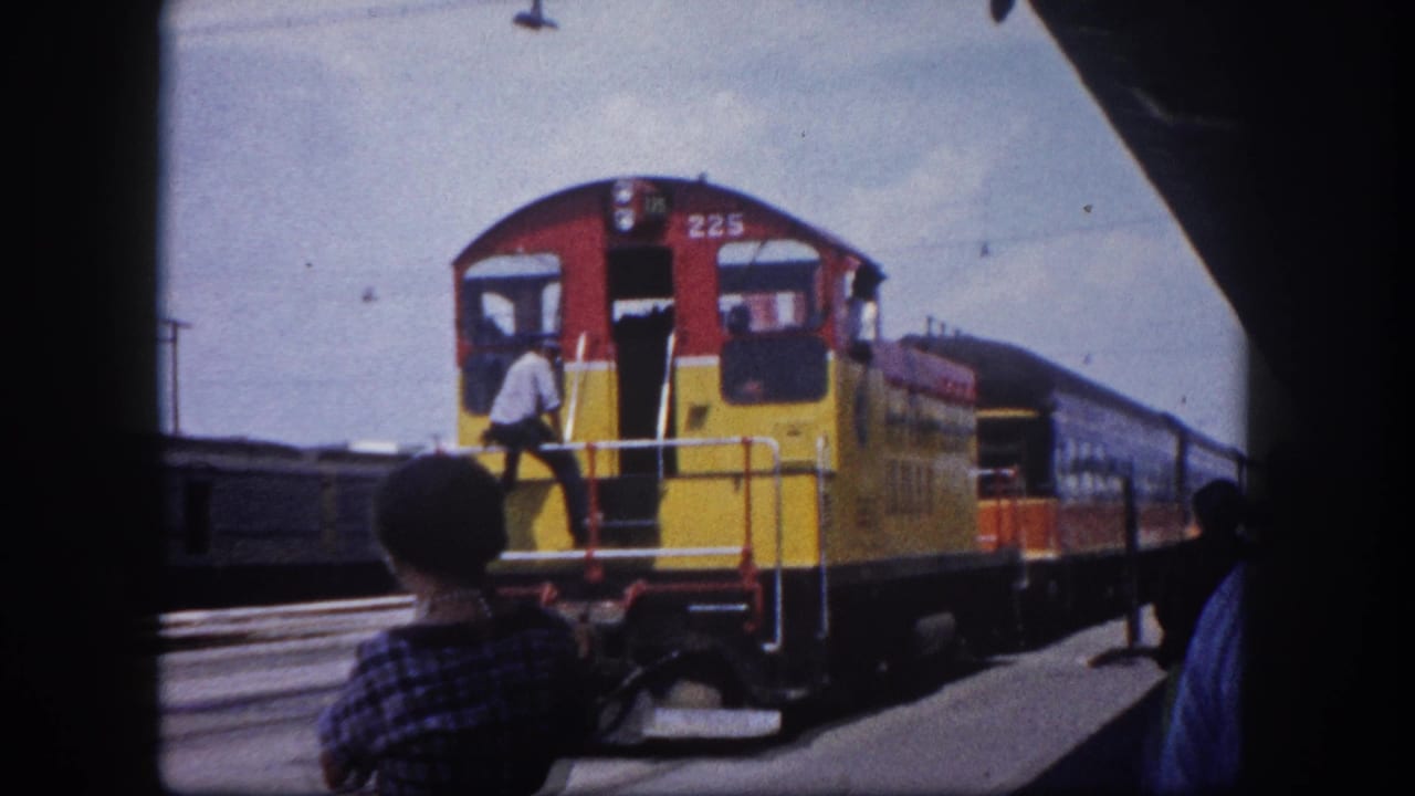 Locomotive 225 viewed from the platform; a person in a plaid top stands with back to camera watching the train depart or arrive.