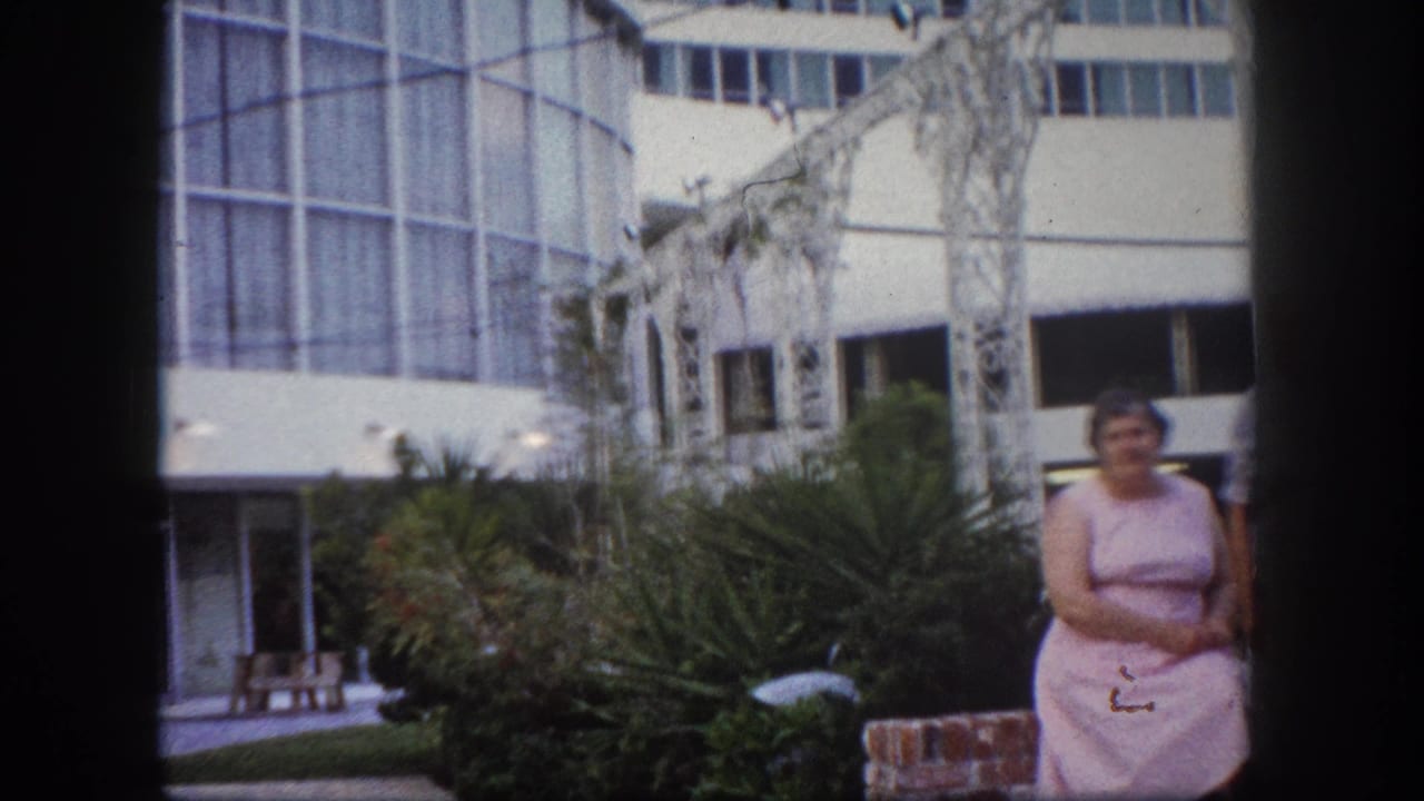 Woman in pink dress posing in a courtyard, likely Tampa Florida circa 1960, before a mid-century modern glass-facade building with white wrought-iron pergola and palm trees.