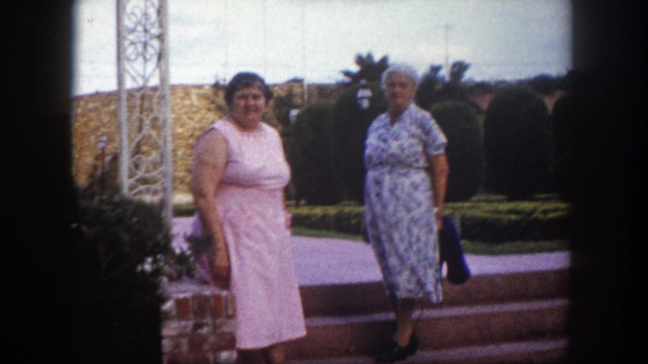 Two women in early-1960s dresses stand near wide brick steps and white ornate metal lattice in a manicured garden, Tampa, Florida, circa 1960.