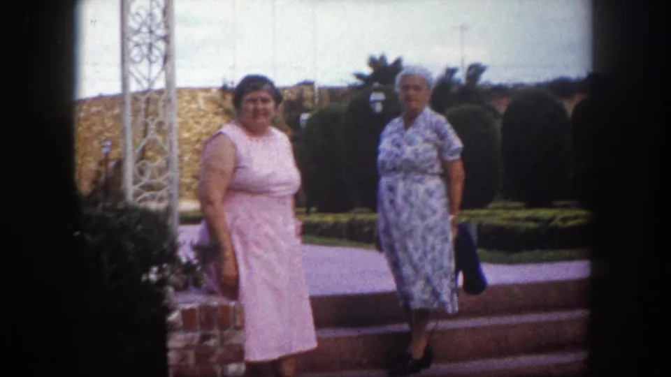 Two women in early-1960s dresses stand near wide brick steps and white ornate metal lattice in a manicured garden, Tampa, Florida, circa 1960.