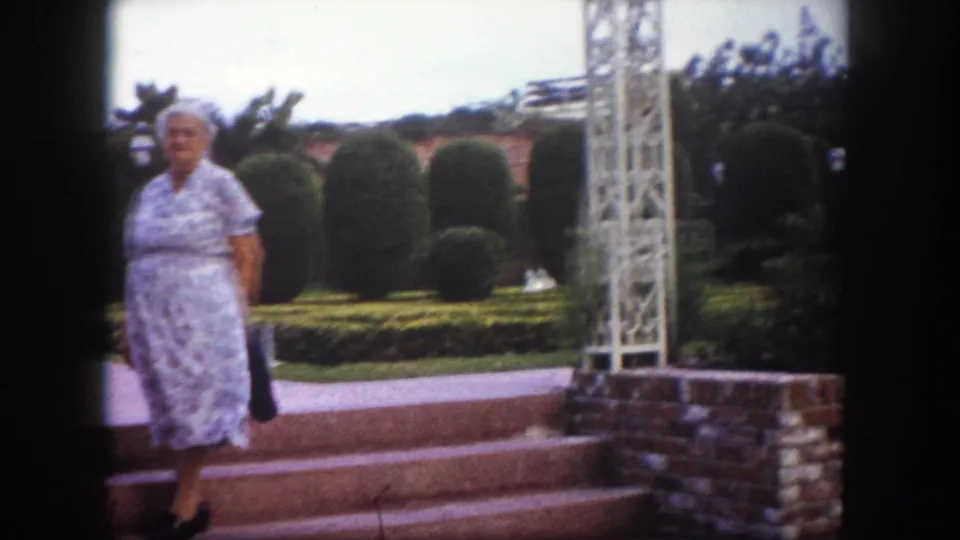 Woman in blue floral 1960s dress beside white ornate metal garden trellis; rounded topiary hedges and palm trees frame the scene, Tampa, Florida, circa 1960.