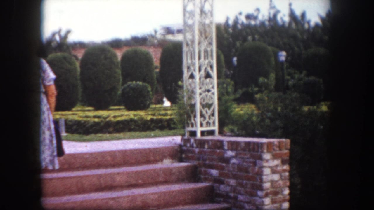 Partial view of a woman in a floral dress at brick garden steps, with clipped topiaries and a white ornate metal trellis; Tampa, Florida, circa 1960.