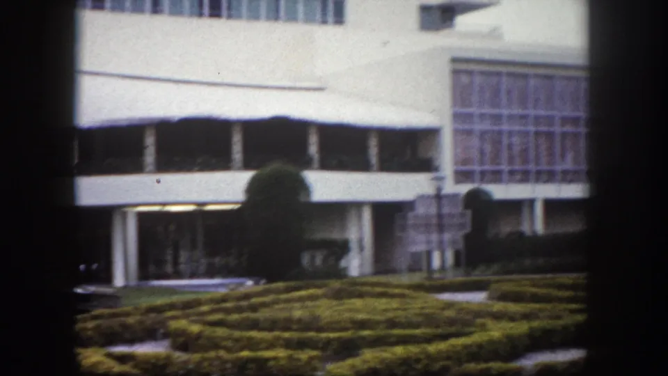 Mid-century modernist hotel in Tampa, Florida, circa 1960, featuring a large curtain-wall grid facade, rounded topiary, and geometric hedge rows in foreground.