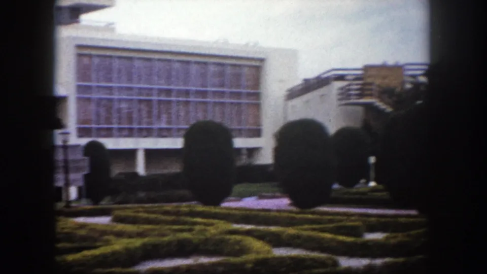 Modernist hotel exterior in Tampa, Florida, circa 1960, with curtain-wall grid, round topiary, geometric hedges, and external staircase visible at right.