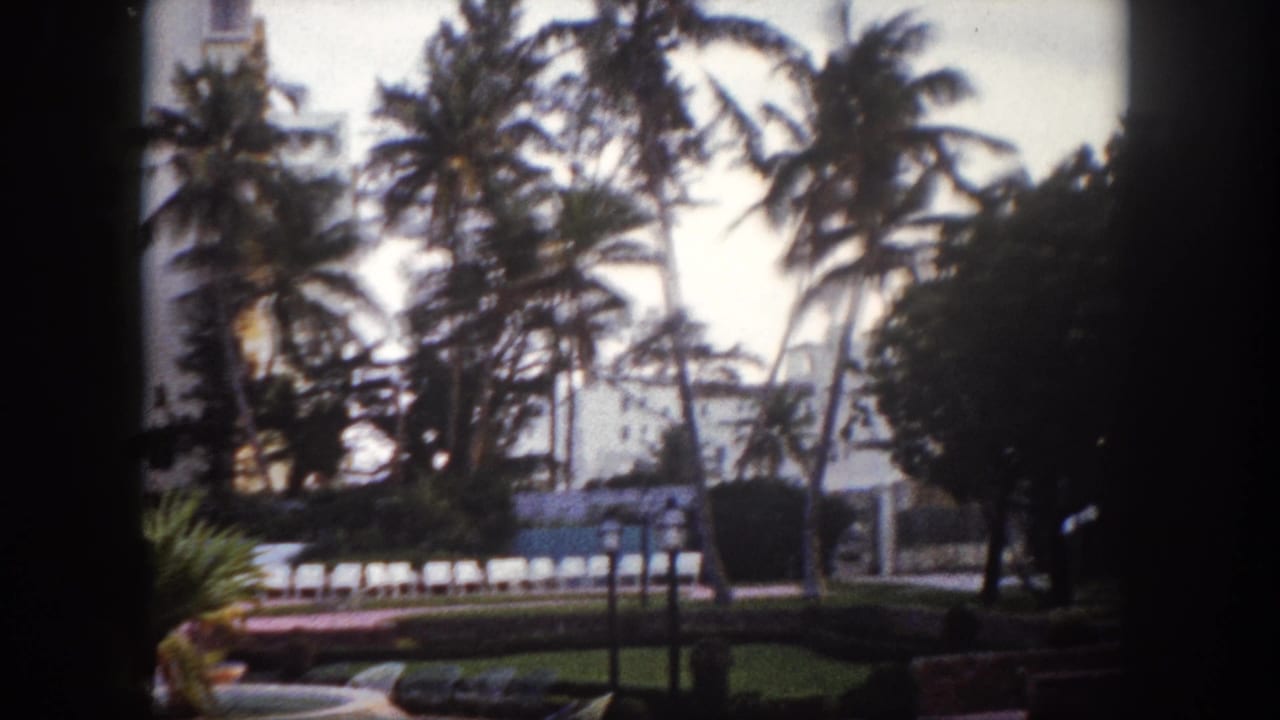 1960s 8mm pan of a Florida resort showing the white building through palm trees, with a pool area and lounge chairs visible in the mid-ground, Tampa, Florida.