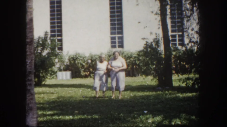 Two elderly women side-by-side on a green lawn in front of a white stucco building; a palm tree trunk is visible at frame right, c.1960 Tampa, Florida.