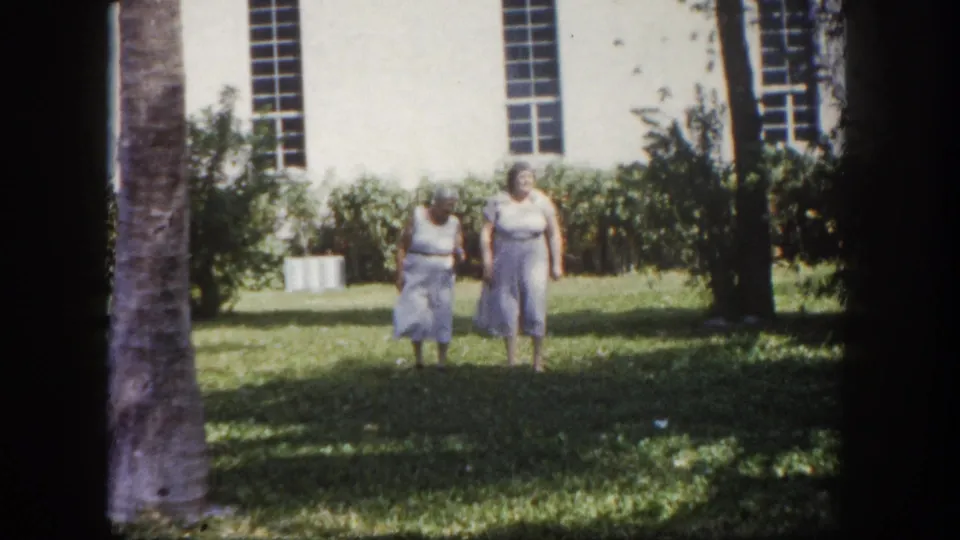 Two adult women in casual dress walk side by side on a lawn with a palm tree trunk at left and white building behind them, Tampa, Florida, circa 1960, 8mm.