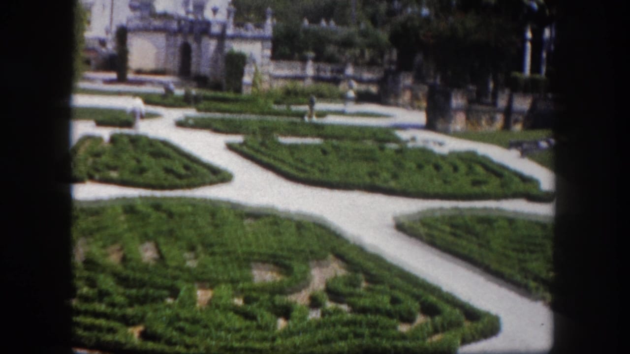 Formal garden maze with geometric hedge patterns and winding paths viewed from visitor's vantage; white estate building in background, Florida, c. 1960.