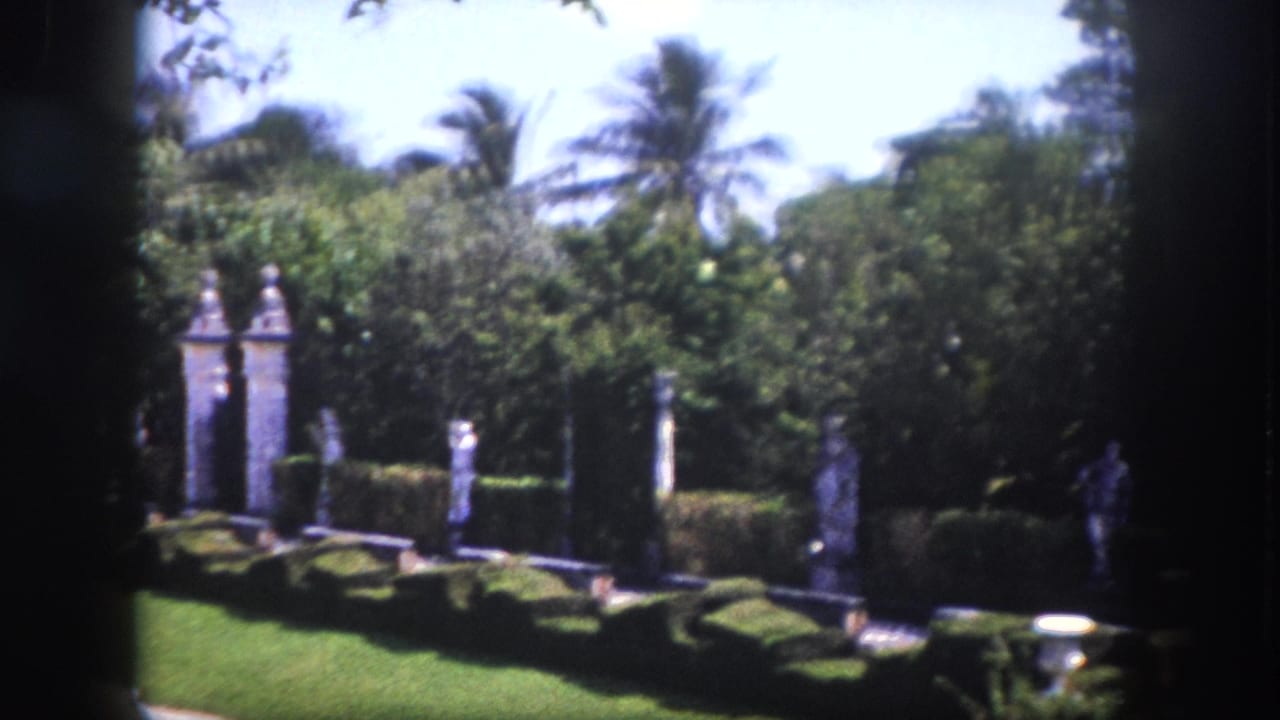 Slow pan across formal garden with classical stone columns, clipped hedges, and tall tropical palms, Florida circa 1960, 8mm film.