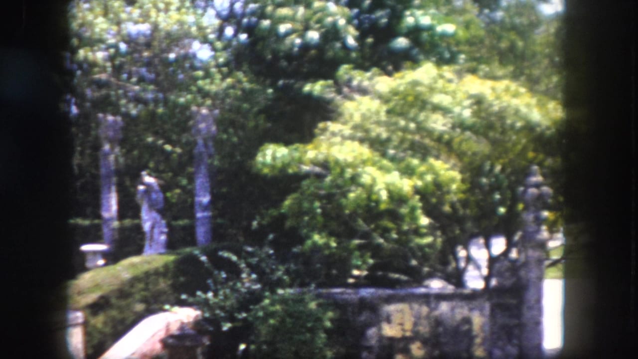 1960 8mm home movie frame of a formal ornamental garden in Tampa, Florida, showing a rectangular reflecting pond and stone gate pillars in bright sunshine.