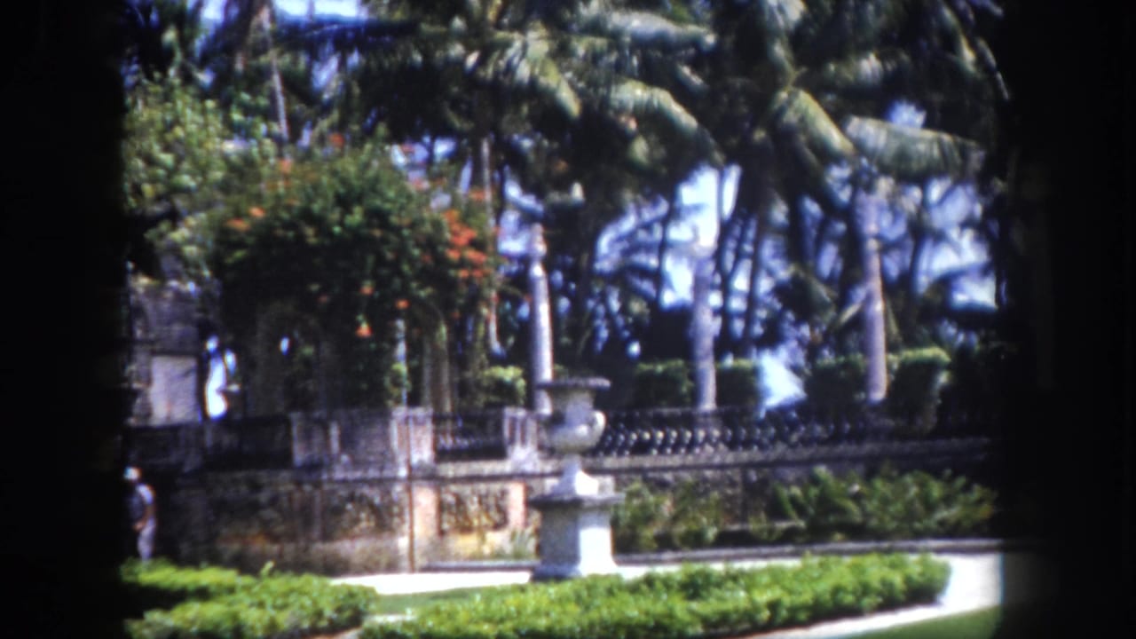 8mm film frame circa 1960, Tampa, Florida: formal garden with stone balustrade and palm trees; small figure at far right edge, blue sky overhead.