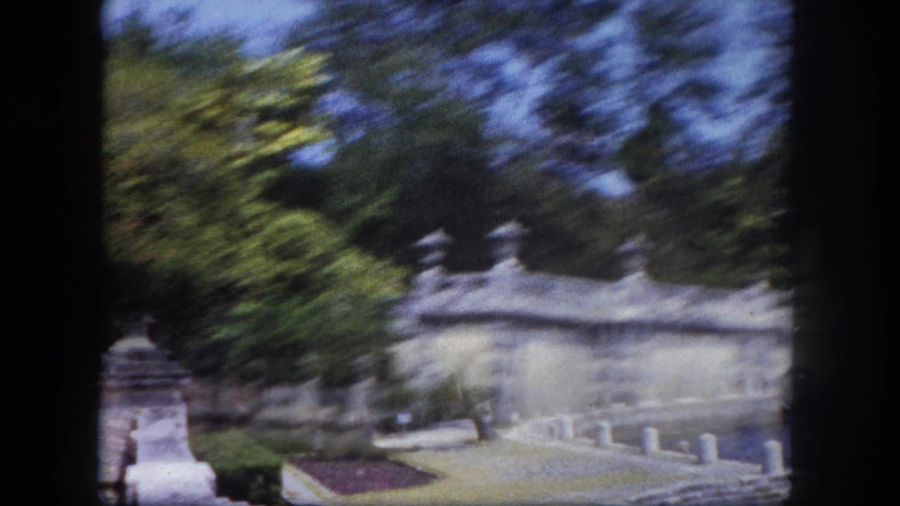 Blurred 8mm panning shot across an ornate stone balustrade with decorative pillars and dense tropical foliage.