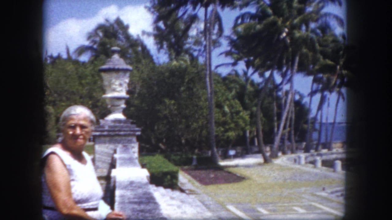 Elderly woman posed beside a decorative urn-topped stone pillar at a Florida waterfront park, circa 1960, palm trees and bay water visible behind her.