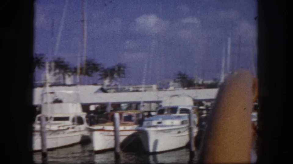 White cabin cruisers at a Florida marina dock circa 1960, palm trees in background; a partial figure or object — possibly an arm — intrudes at right.
