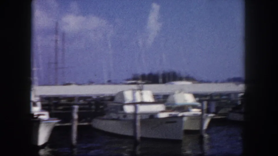 White motorboats moored at a covered Florida marina dock circa 1960, with dense palm trees, scattered clouds, and calm water.