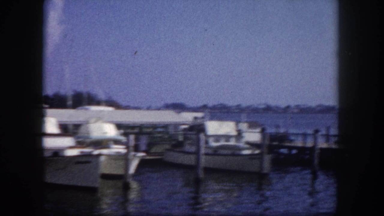 Wooden dock and marina structure on calm bay water, dome-shaped building at left, distant shoreline, clear sky.