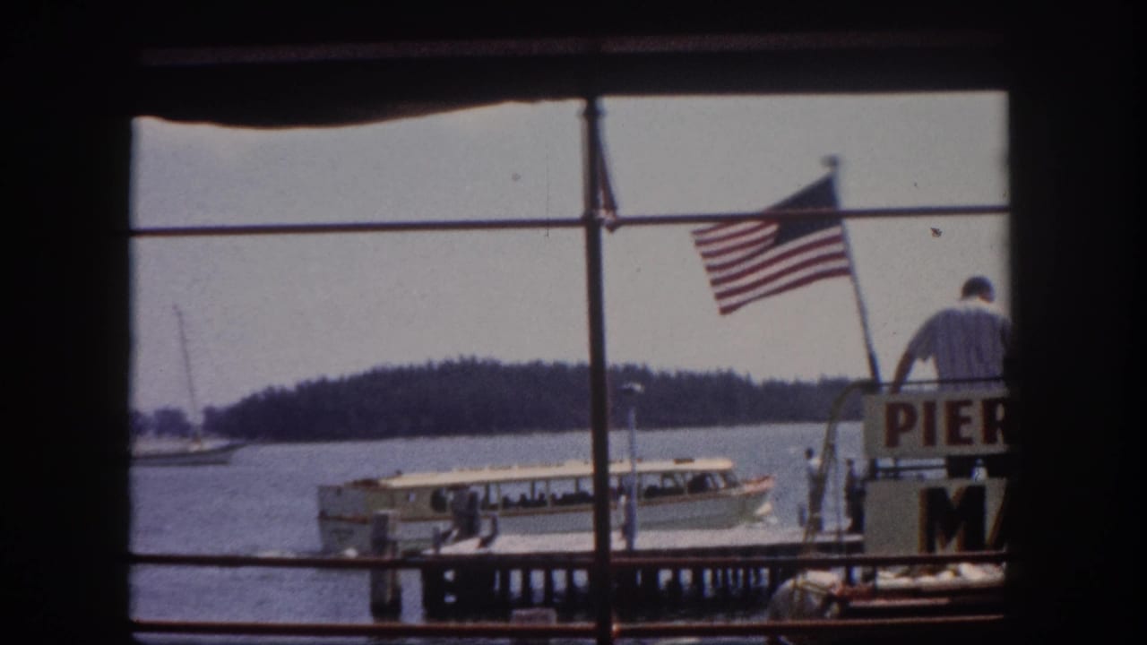 White tour boat at a marina dock, viewed through window mullions, with an American flag on a pole and a silhouetted figure on the dock.