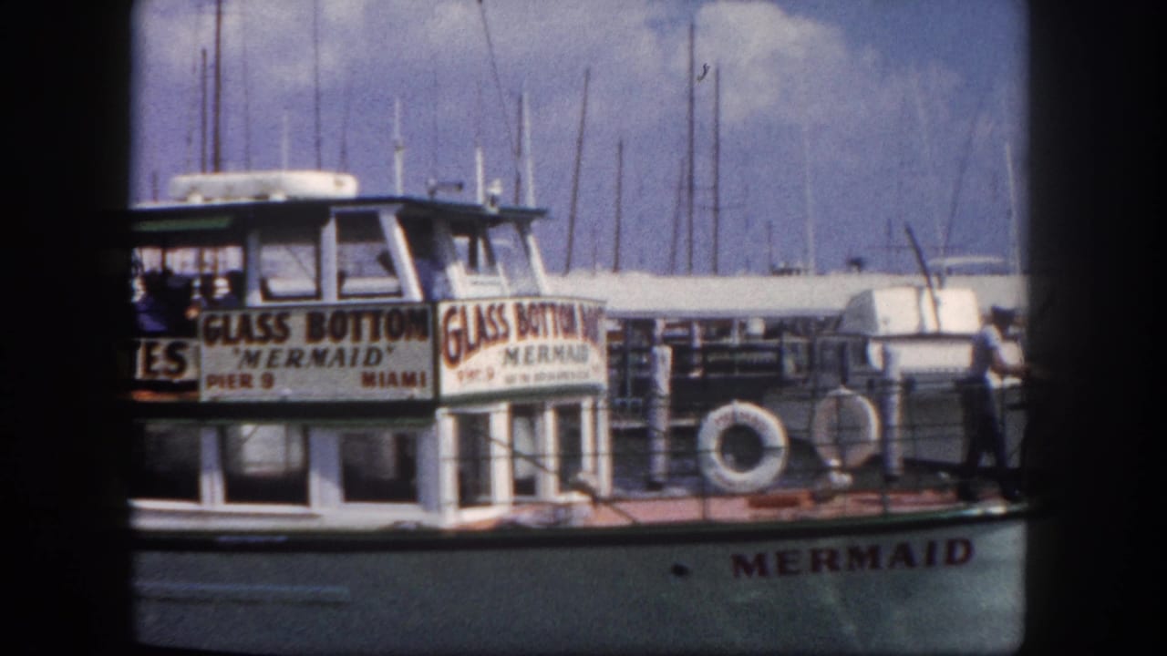 Glass Bottom Mermaid boat at pier, crew member on deck, multiple signage panels and life preserver ring visible, marina masts in background.