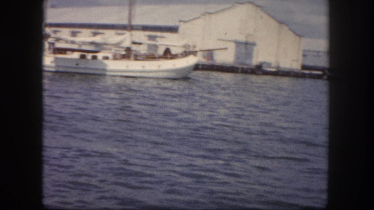 White sailboat moored alongside a large dock warehouse on calm blue harbor water.