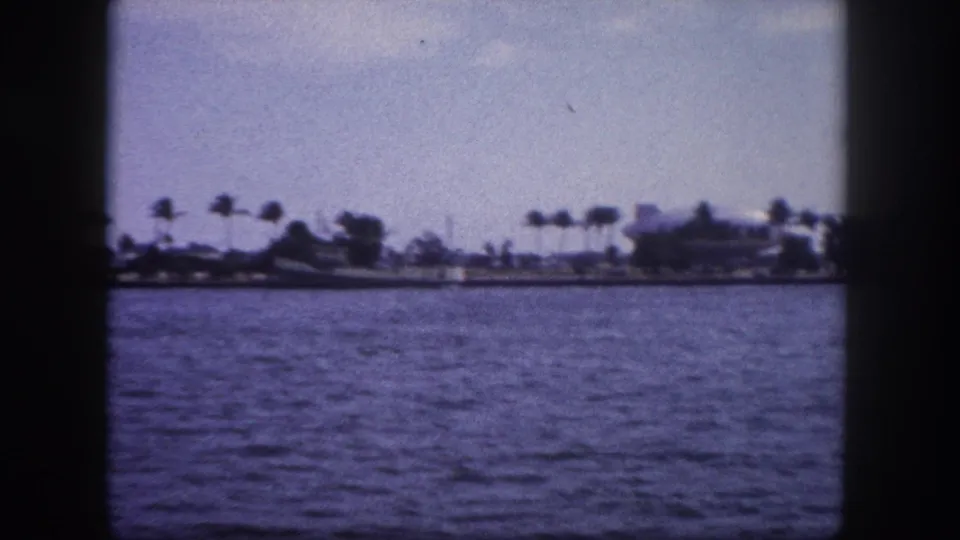 8mm home movie frame circa 1960 showing a Florida coastal shoreline from water level, with a row of palm trees and low structures in the middle distance.
