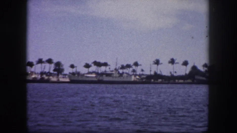 8mm home movie, 1960 Tampa Florida: wide waterway in the foreground with a distant shoreline of palm trees and low waterfront buildings under a pale hazy sky.