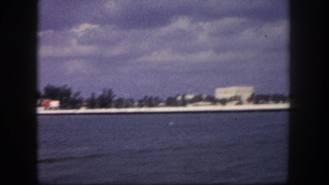 8mm home movie pan frame, circa 1960, Tampa area, Florida: flat waterfront strip with palm trees, low-rise buildings, and open bay water filling the foreground.