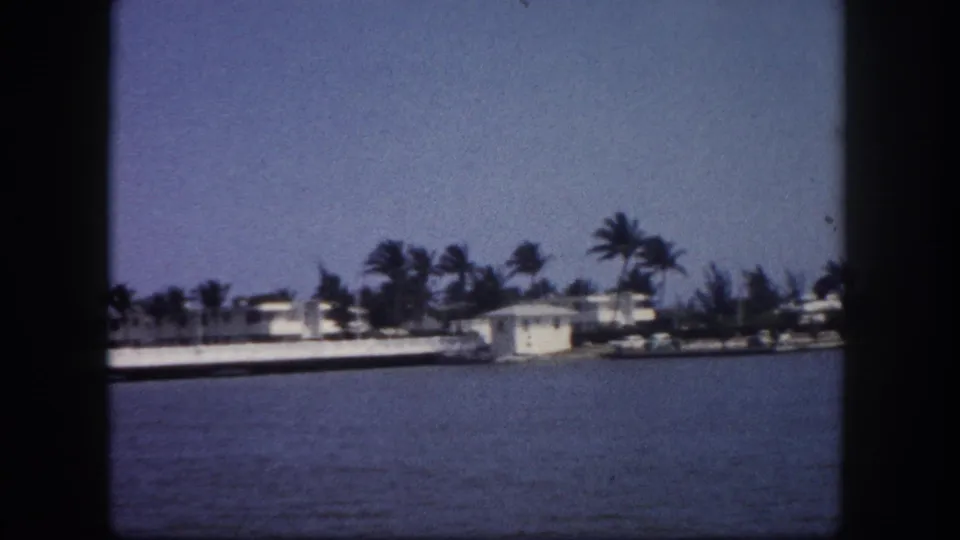8mm footage circa 1960, Florida waterfront — palm trees and low-rise buildings along a calm bay shoreline, viewed from a moving boat.